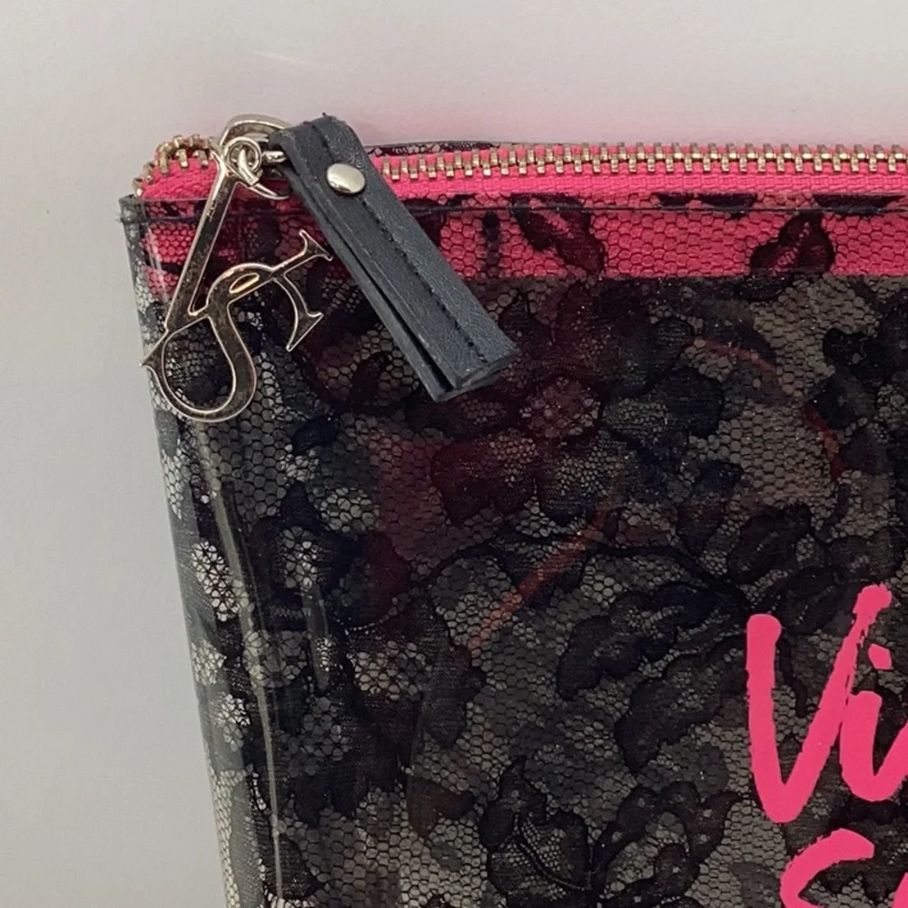 Victoria's Secret Black and Pink Cosmetic Bag with Lace Overlay